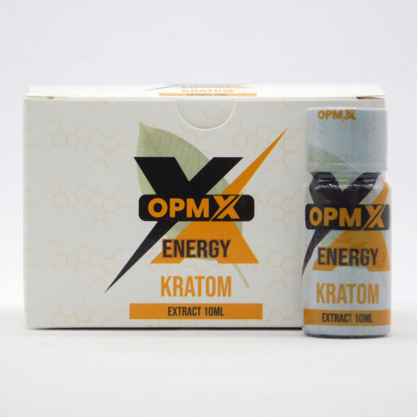 Single bottle in front of a box of 12 bottles of OPMX Kratom Energy White Vein Kratom Shots