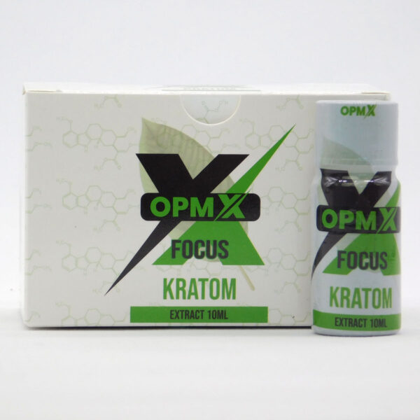 Single bottle in front of a box of 12 bottles of OPMX Kratom Focus Green Vein Kratom Shots